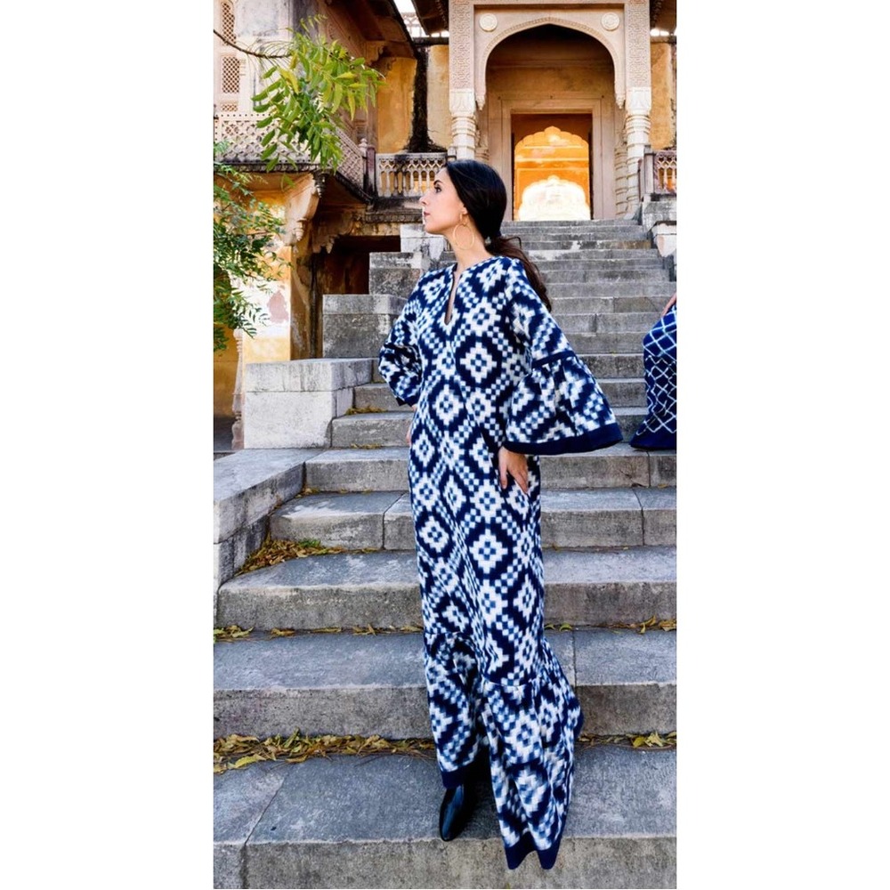 DE CASTRO Long Viento Dress Navy/White Geometric Boho Artisanal Size Small